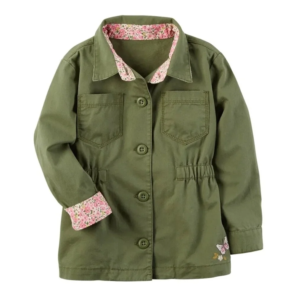 CARTER'S Girls Size 7 Fairy‎ Floral Butterfly Green Twill Jacket Cinch Waist